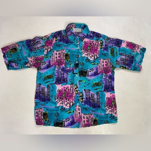 VINTAGE Adam Douglass All Over Print Silk Shirt Women Large Multicolor 90s - Picture 1 of 5